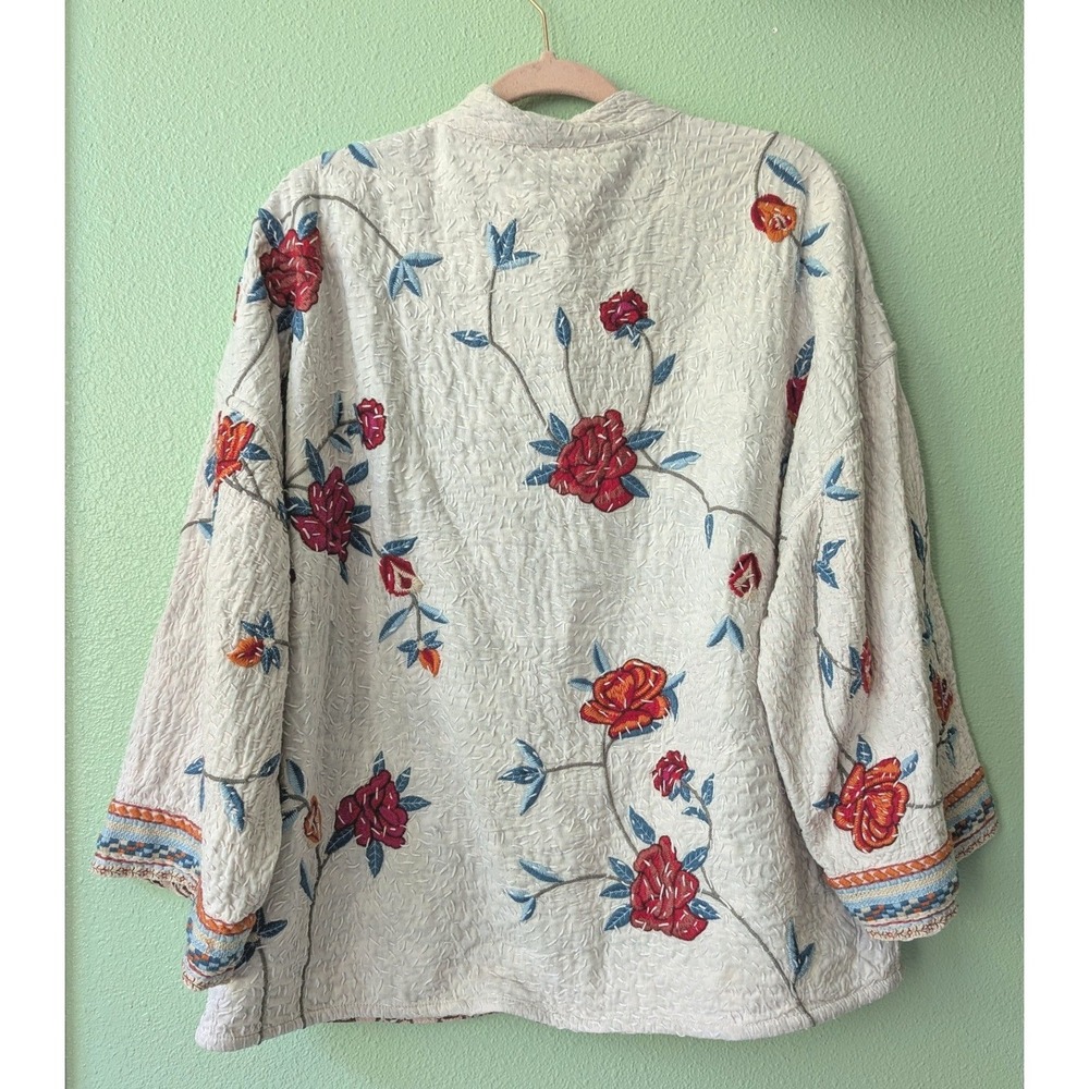 Sundance Women Cream Floral Sashiko Embroidered Kimono Jacket Cotton Large - Picture 2 of 8